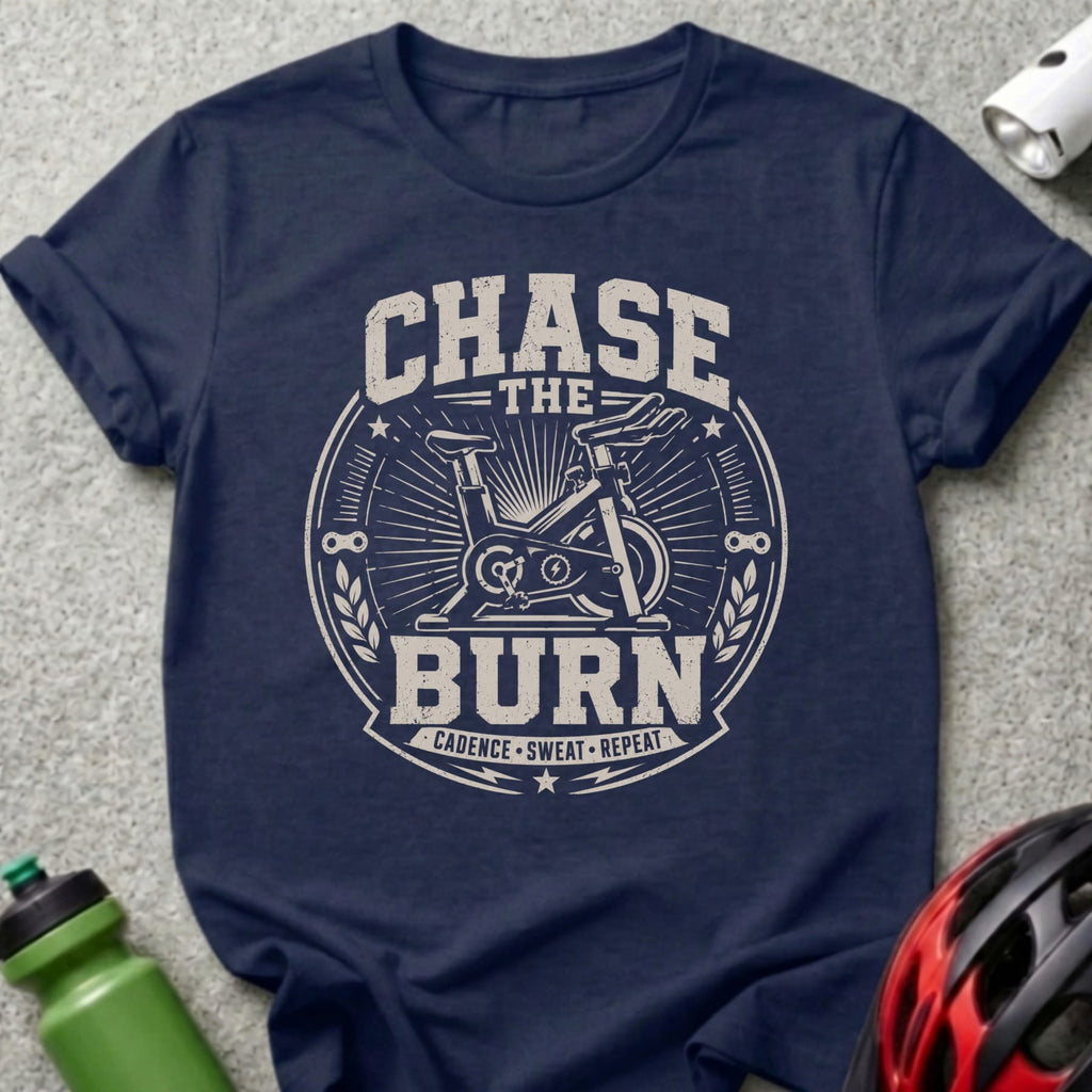 Navy t-shirt with "Chase the Burn" text and stationary bike graphic.
