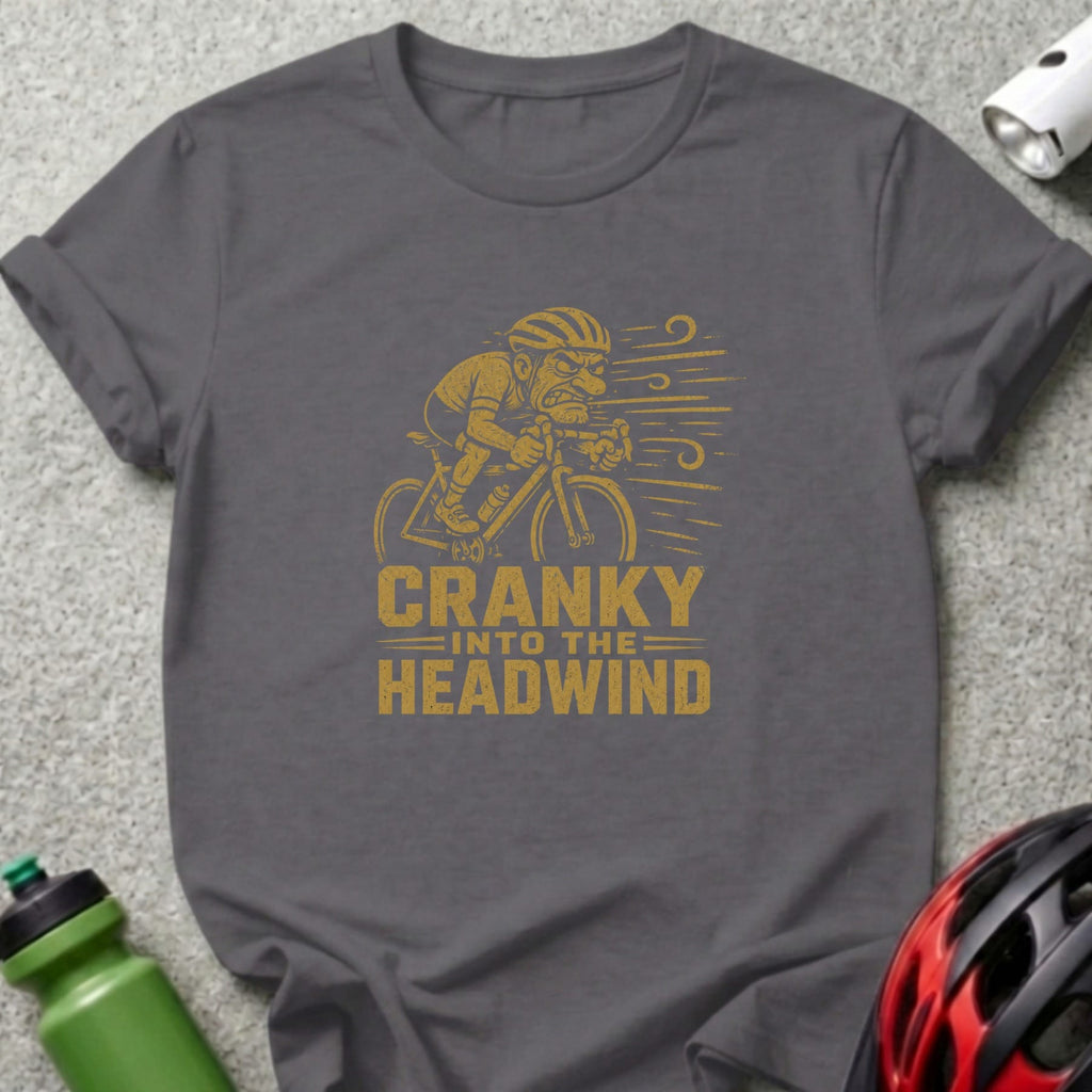 Dark gray t-shirt with "Cranky Into The Headwind" graphic of a cyclist.