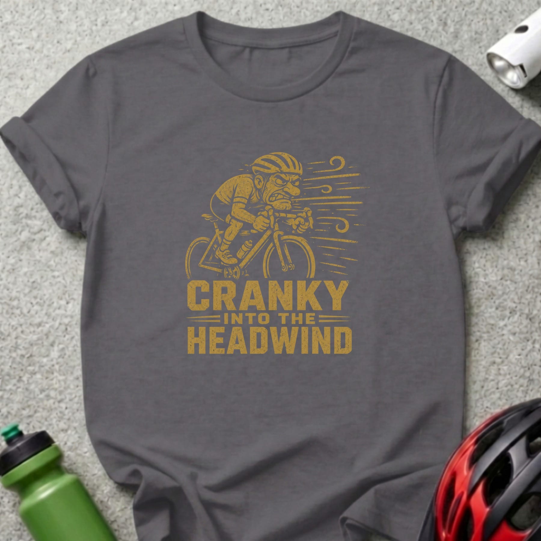 Dark gray t-shirt with "Cranky Into The Headwind" graphic of a cyclist.