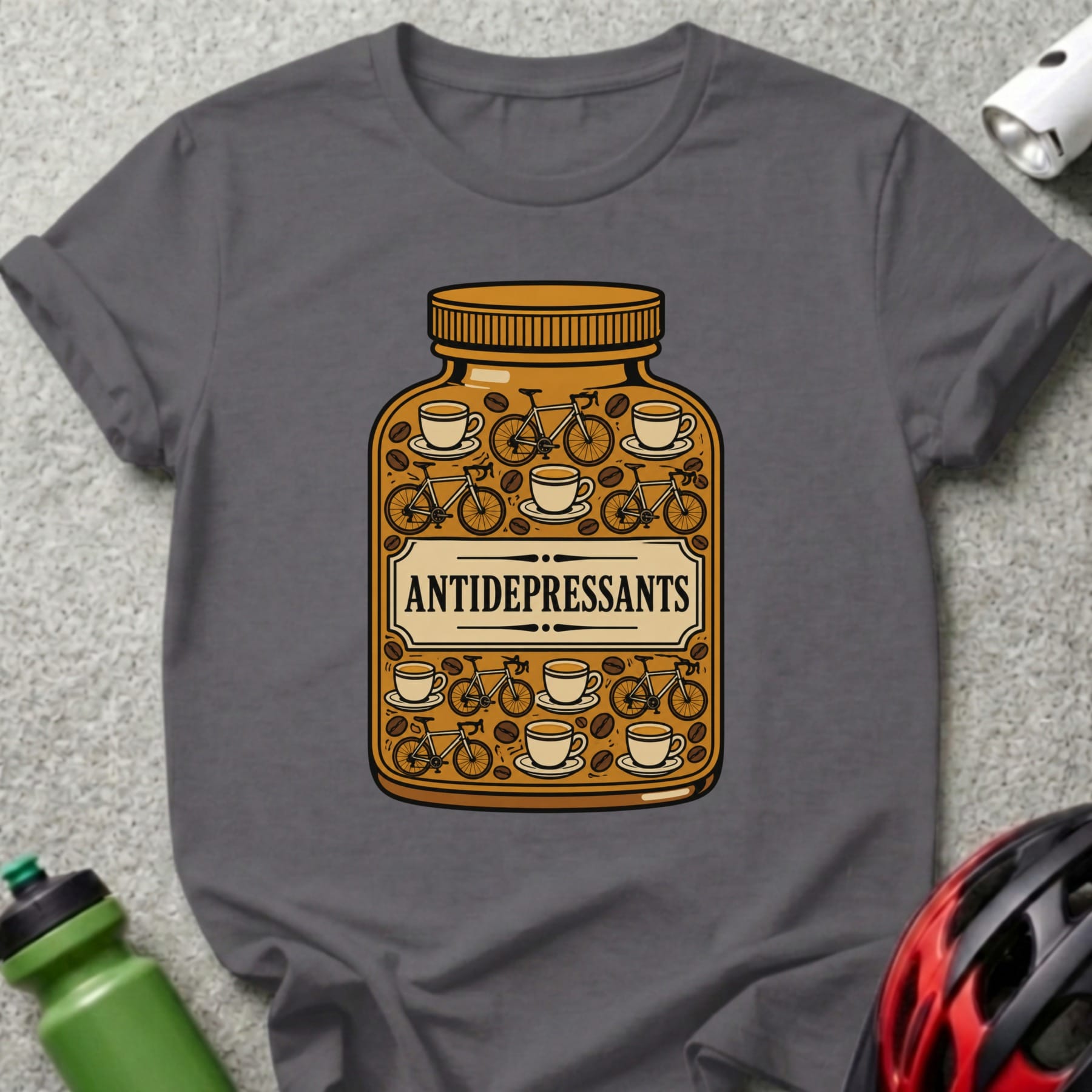 Gray t-shirt with "ANTIDEPRESSANTS" label on coffee cup and bicycle pill bottle graphic.