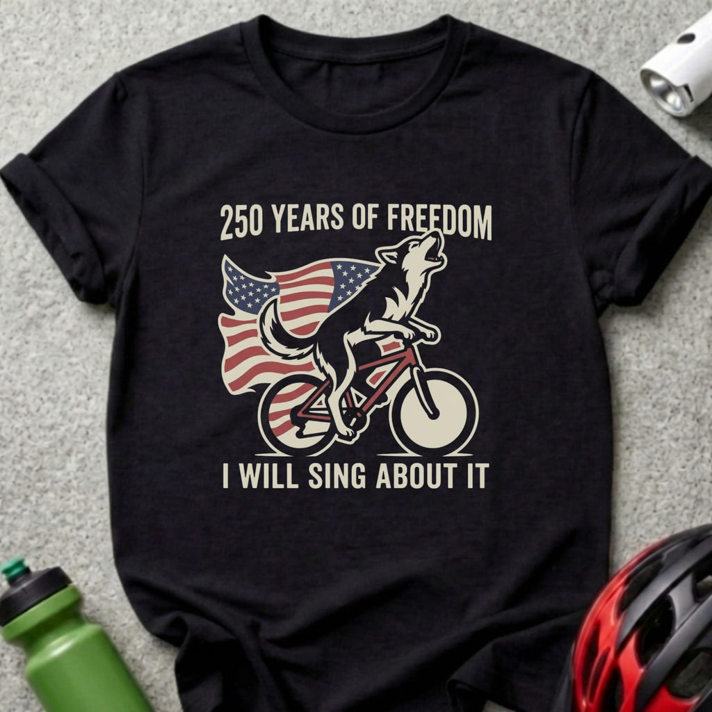 Black t-shirt with 250 Years of Freedom design, wolf on bicycle with American flag.