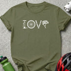 Green t-shirt with "LOVE" spelled out using bicycle parts.