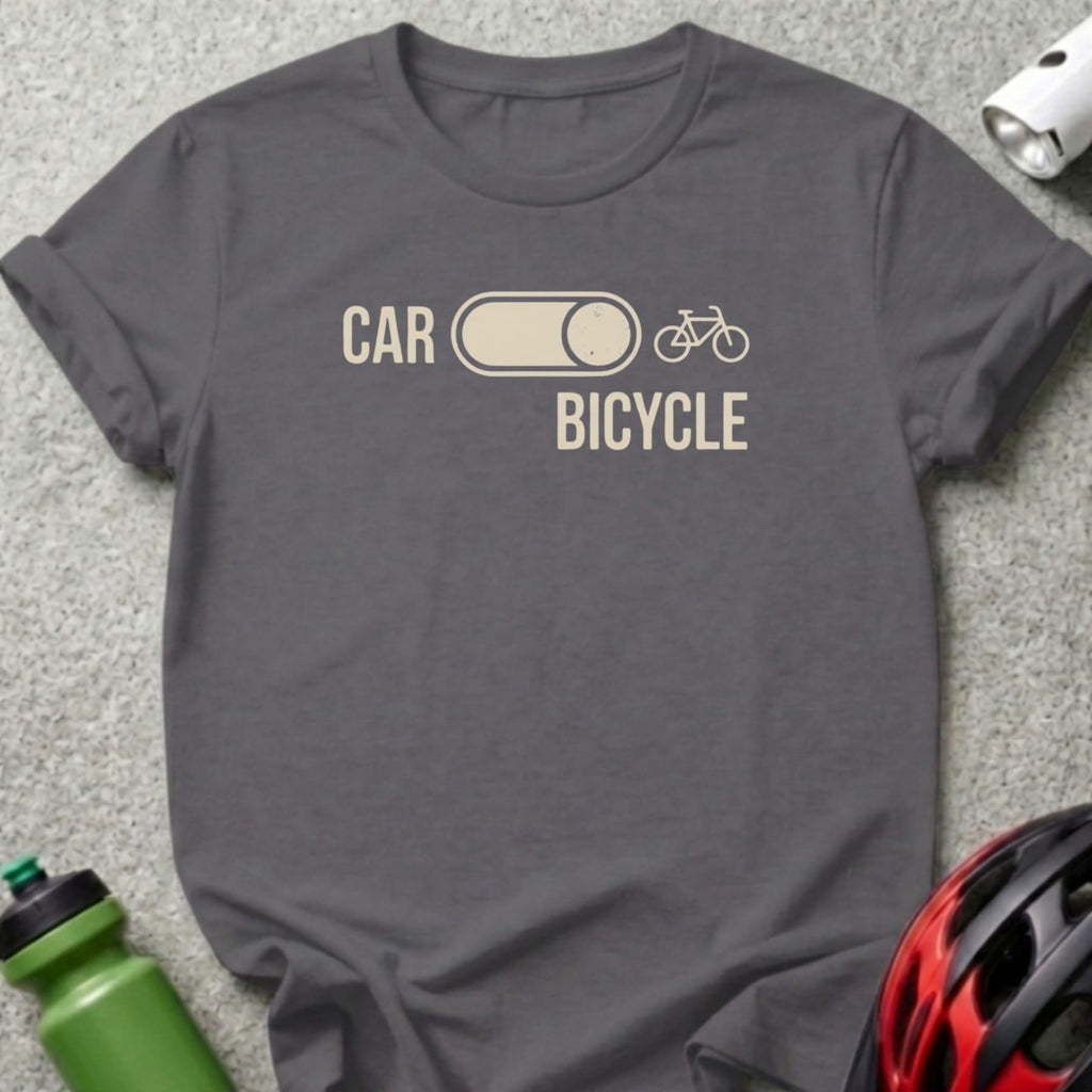T-shirt with "CAR" and "BICYCLE" text and icons, showing a toggle switch.