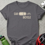 T-shirt with "CAR" and "BICYCLE" text and icons, showing a toggle switch.