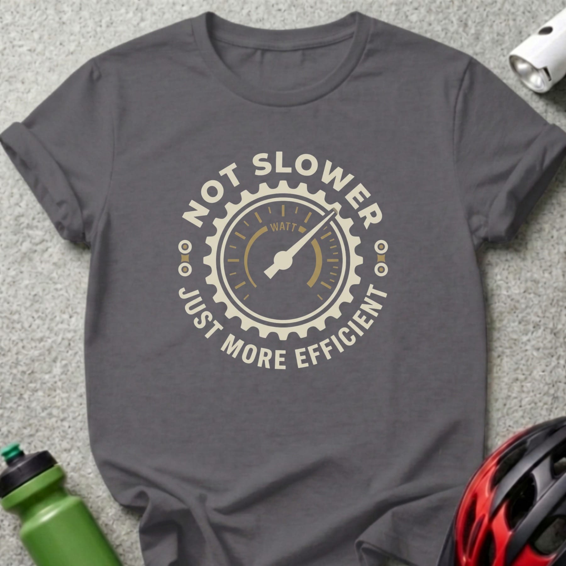 Dark grey t-shirt with "Not Slower Just More Efficient" cycling graphic.