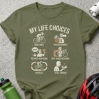 T-shirt with "My Life Choices" text and cycling-themed humor.