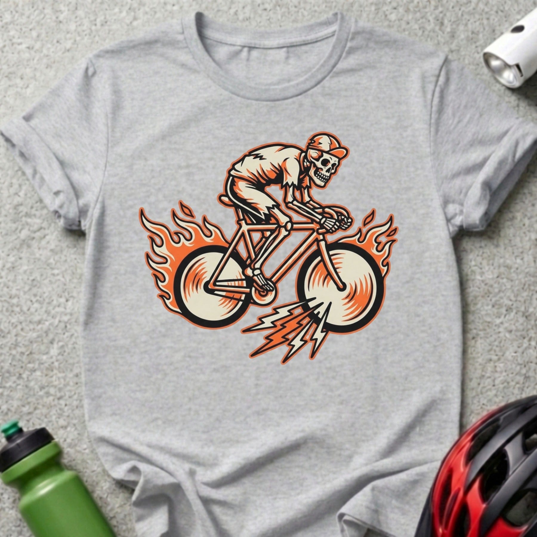 Fiery Skeleton Riding Bicycle Graphic T-shirt