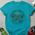 Teal t-shirt with "Backroad Adventure Gravel Dust Freedom" bicycle graphic.