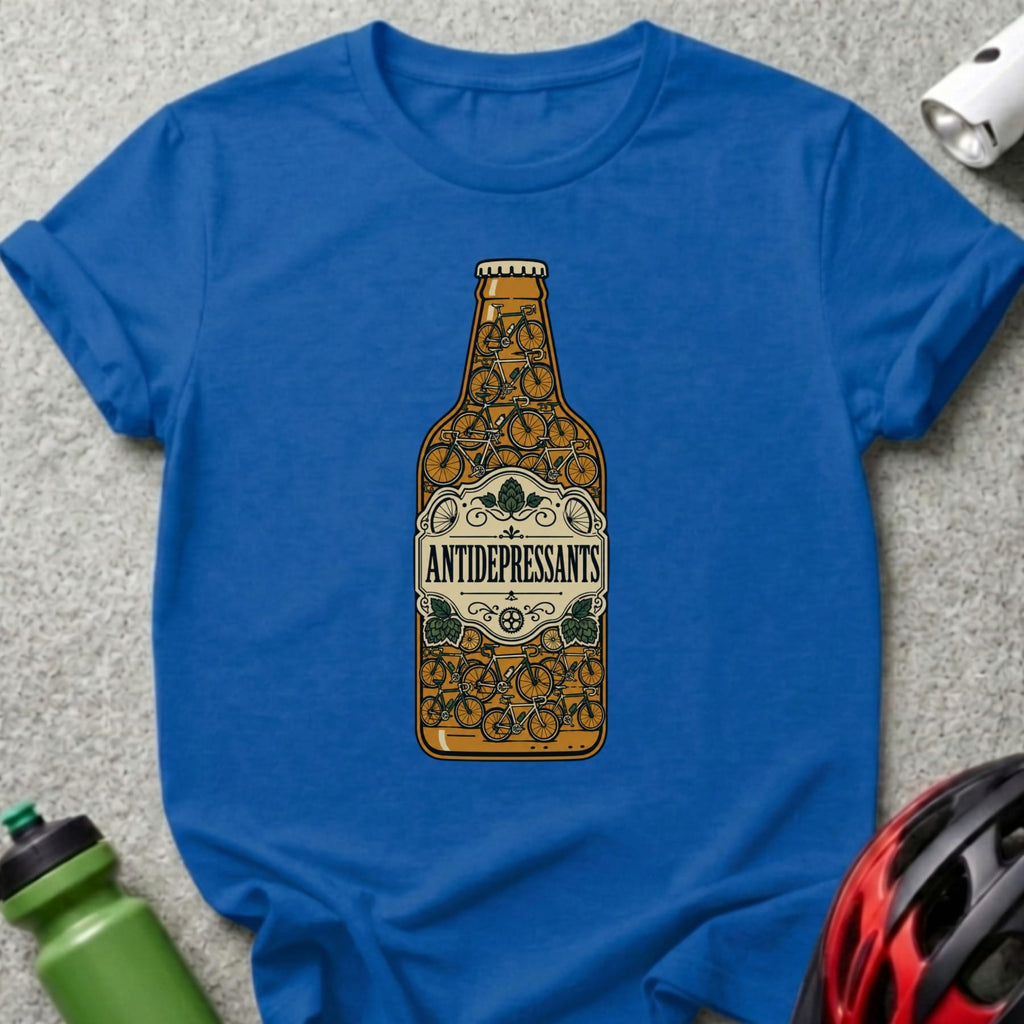 T-shirt with a beer bottle design filled with bicycles and the word "Antidepressants."