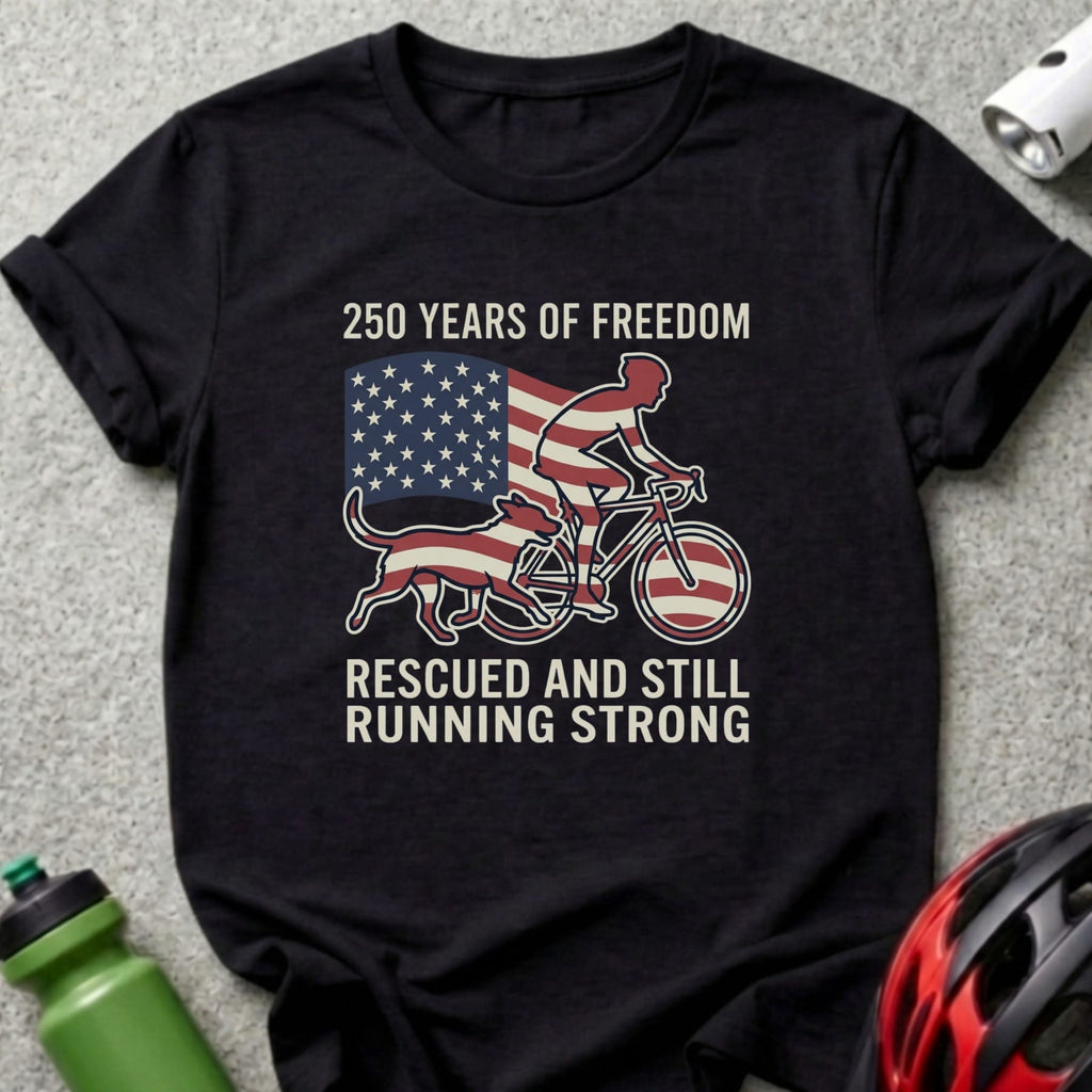 Black t-shirt with "250 Years of Freedom" and cyclist with dog, American flag.