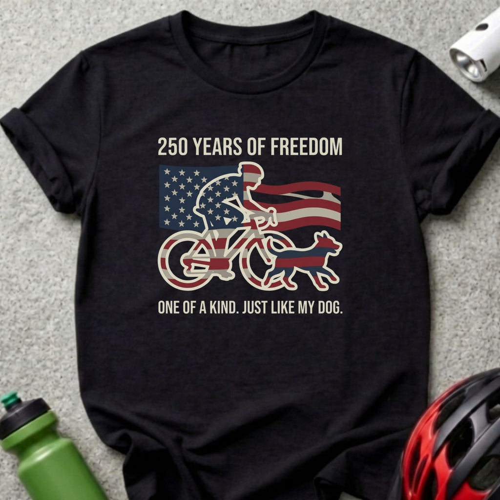 Black t-shirt with "250 Years of Freedom" and cyclist with American flag, dog.
