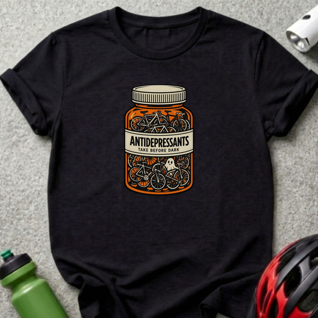 Black t-shirt with a pill bottle graphic featuring bicycles and a ghost.