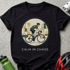 Cyclist in circle design with "Calm in Chaos" text on dark t-shirt.