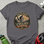 Dad by Choice, Cyclist by Obsession text on charcoal t-shirt with cyclist graphic.