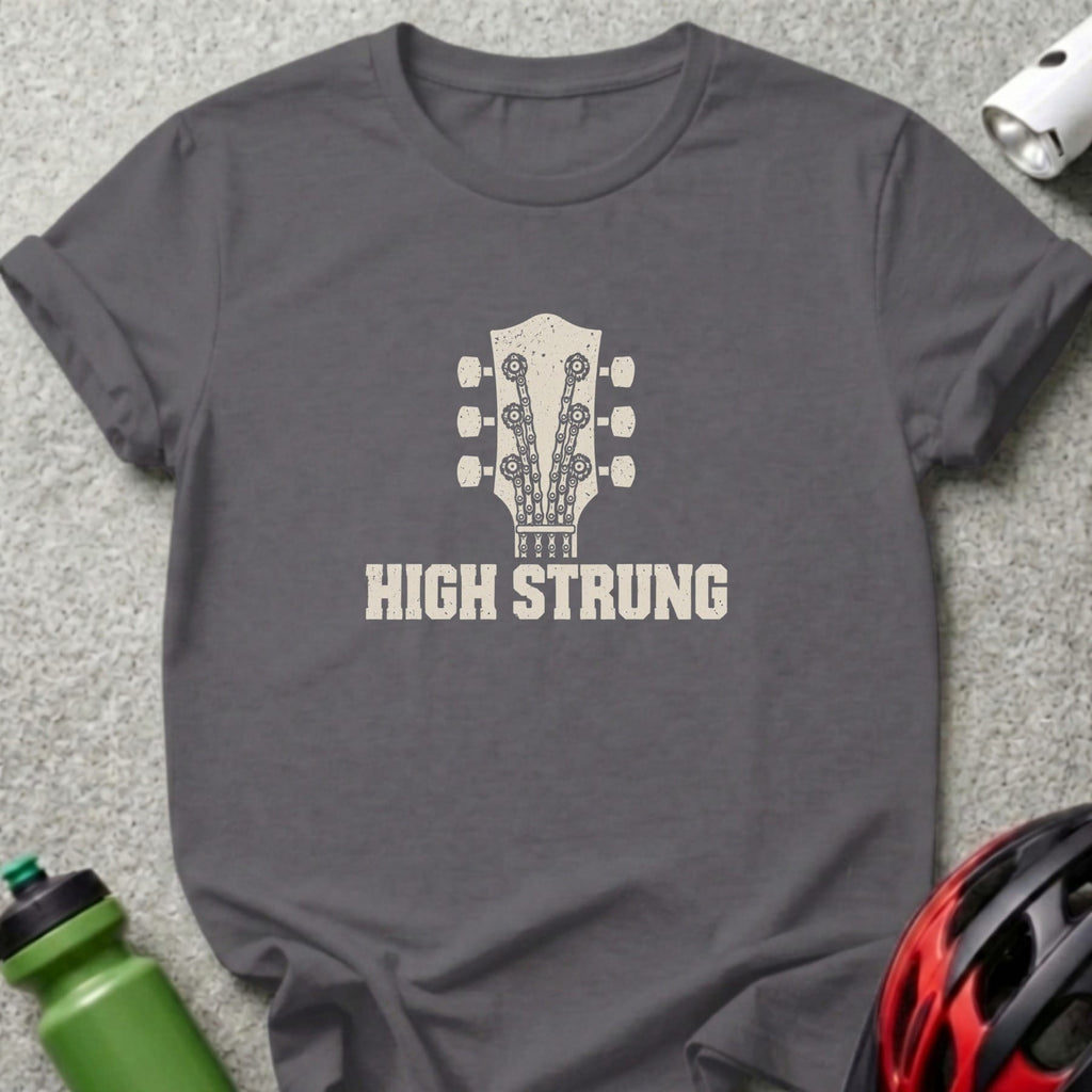 Charcoal grey short-sleeve t-shirt with a distressed guitar headstock graphic made of bicycle chains and the text HIGH STRUNG.