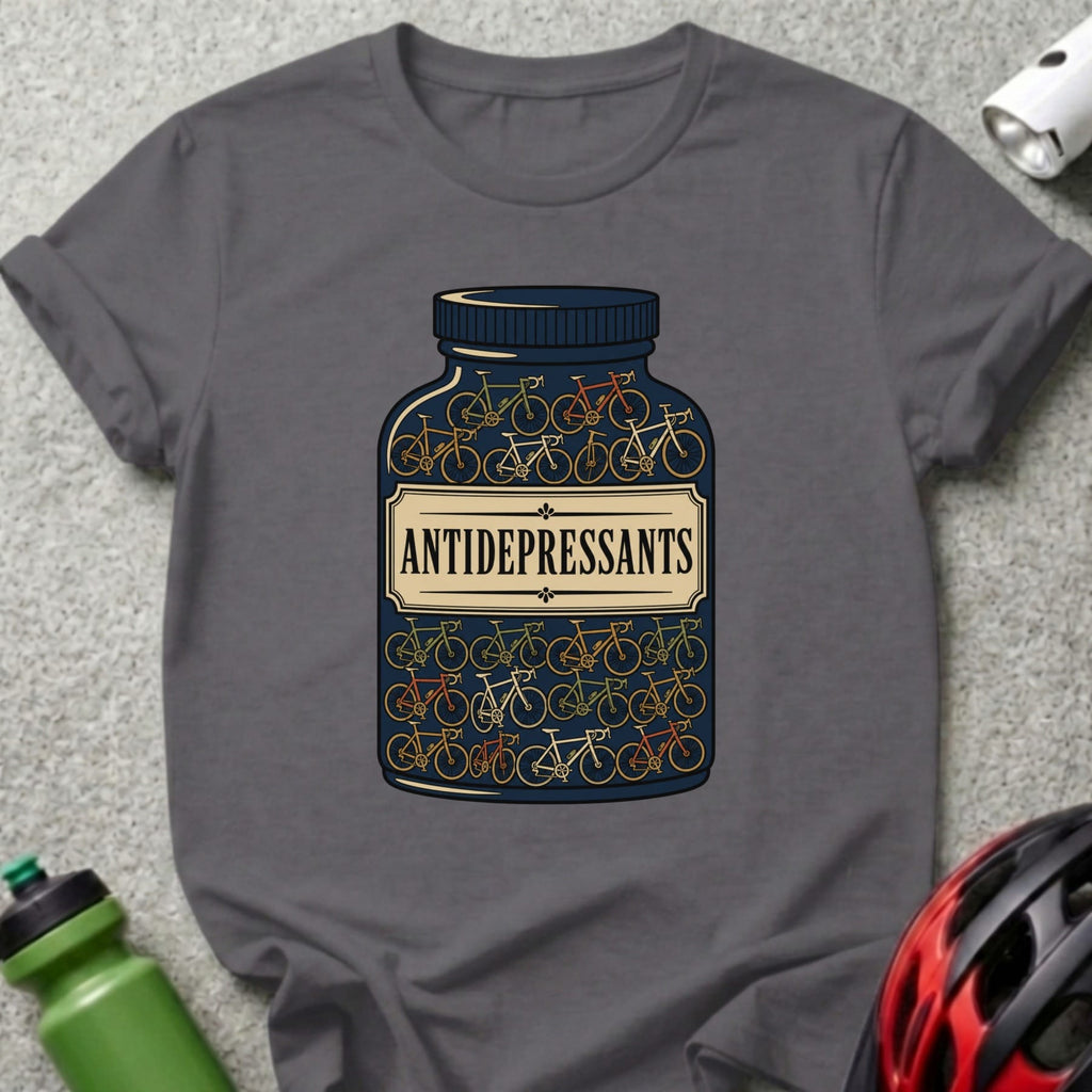 T-shirt graphic of a pill bottle filled with bicycles, labeled "Antidepressants."