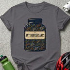 T-shirt graphic of a pill bottle filled with bicycles, labeled "Antidepressants."