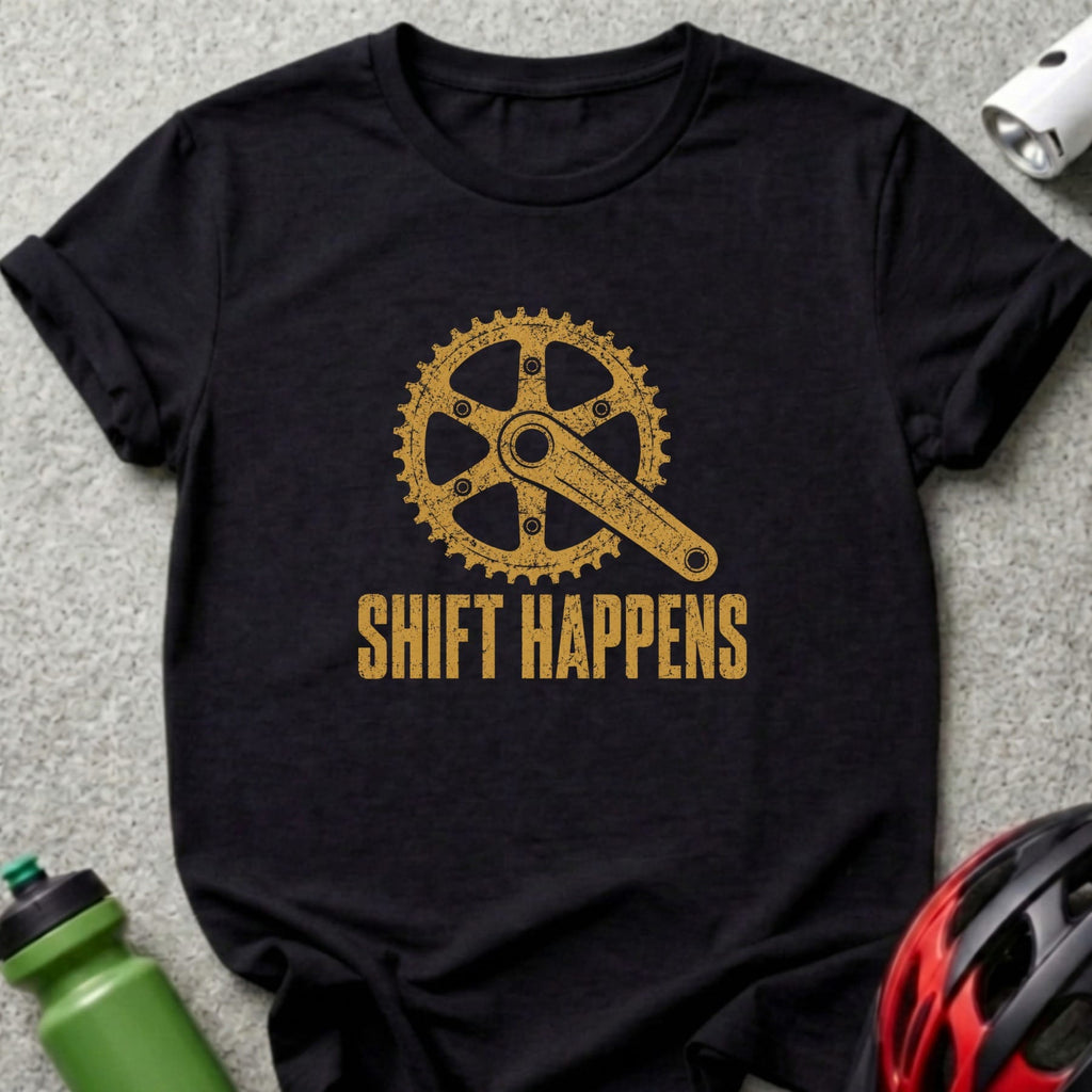 Black t-shirt with distressed gold bicycle crank and "SHIFT HAPPENS" text.
