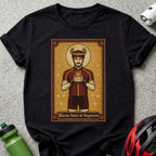 T-shirt featuring a cyclist dressed as a saint, holding a phone.