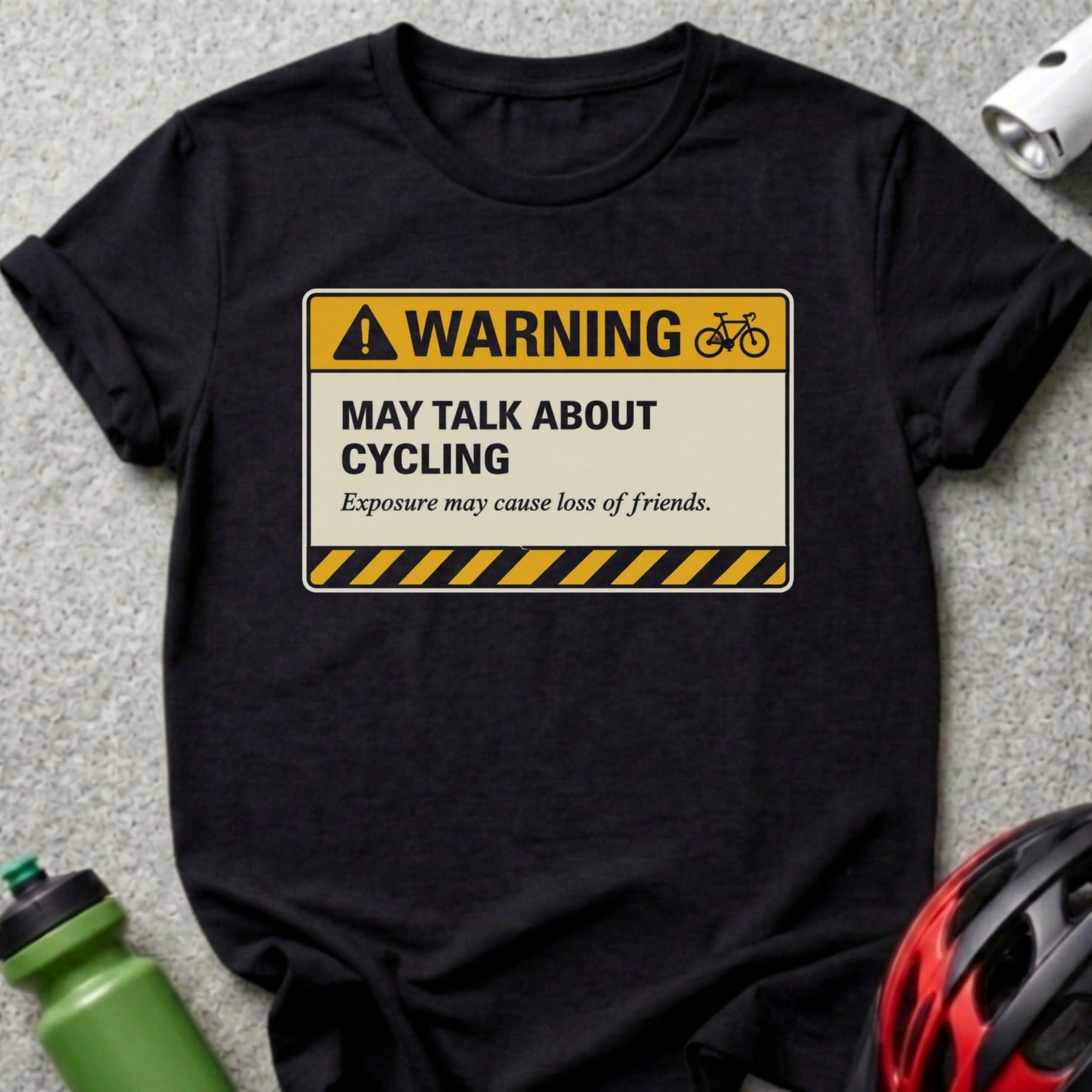 Black t-shirt with a yellow warning sign that reads "WARNING CYCLING Exposure may cause loss of friends."