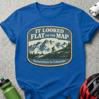 Blue t-shirt with distressed "It Looked Flat on the Map Somewhere in Colorado" graphic.