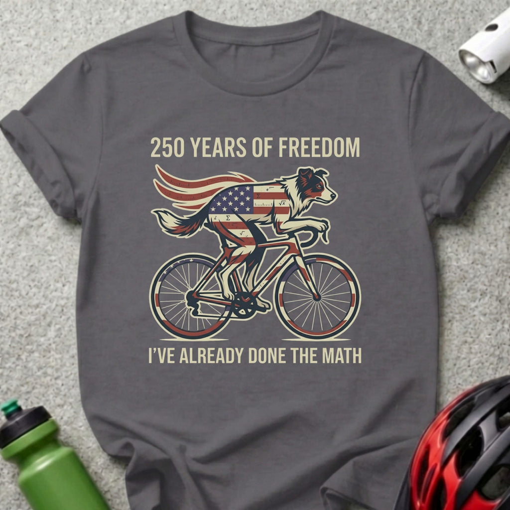 Dark grey t-shirt with American flag-themed dog on a bicycle and text.
