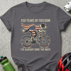 Dark grey t-shirt with American flag-themed dog on a bicycle and text.