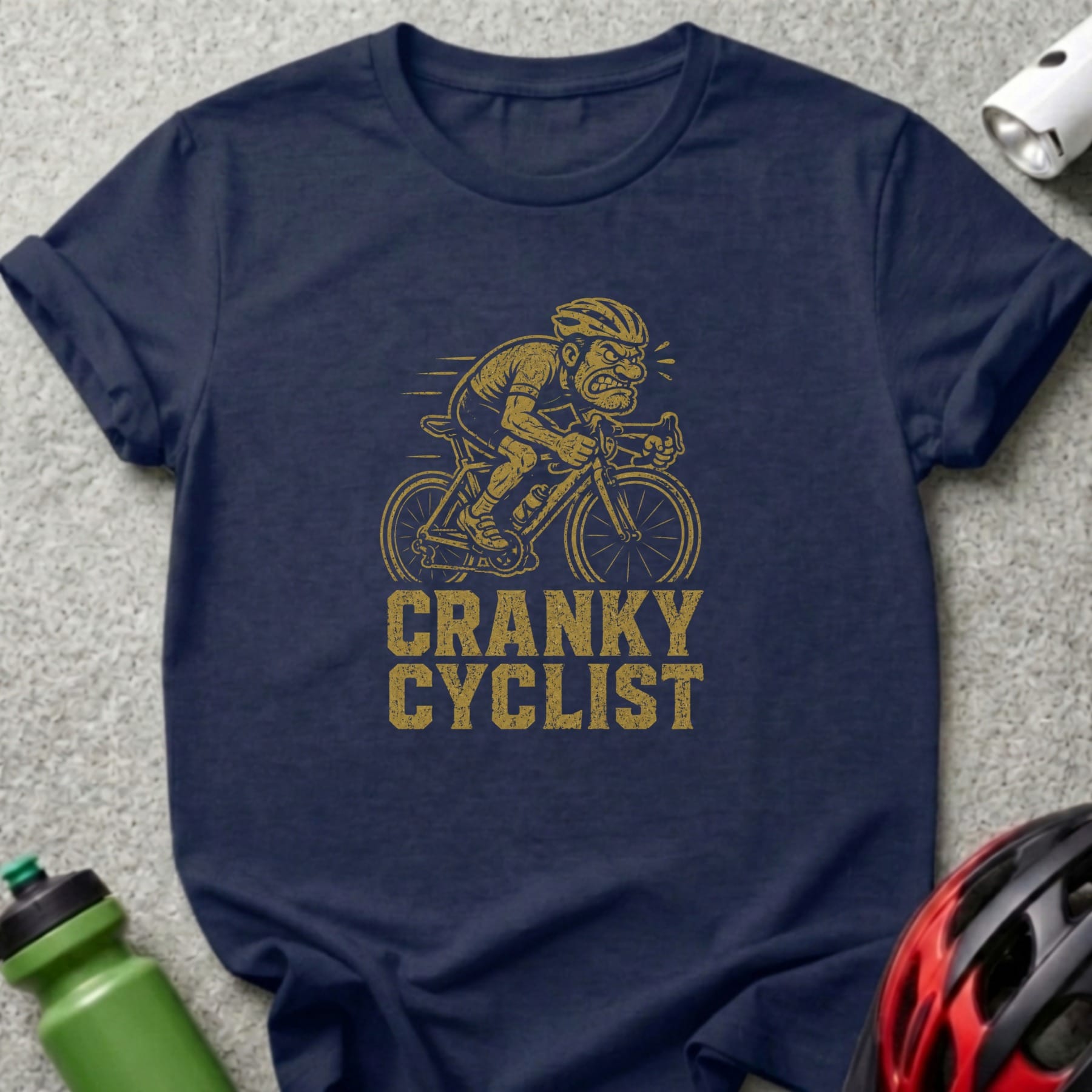 Dark blue t-shirt with a distressed graphic of a cranky cyclist and text.