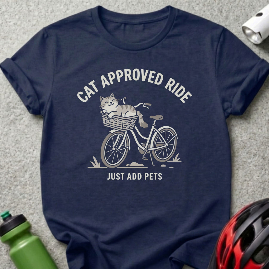 Navy t-shirt with "CAT APPROVED RIDE" and a cat in a bicycle basket.