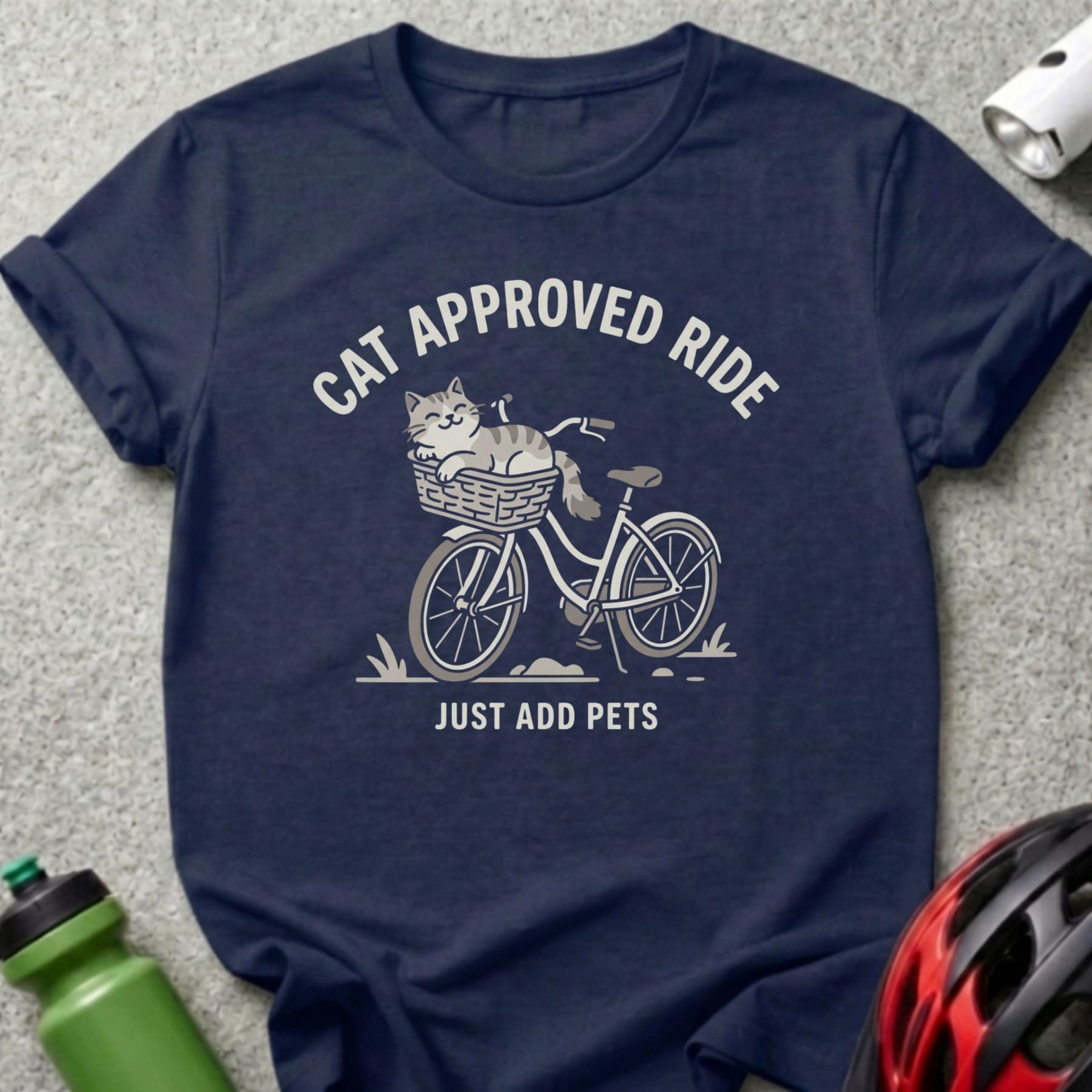 Navy t-shirt with "CAT APPROVED RIDE" and a cat in a bicycle basket.