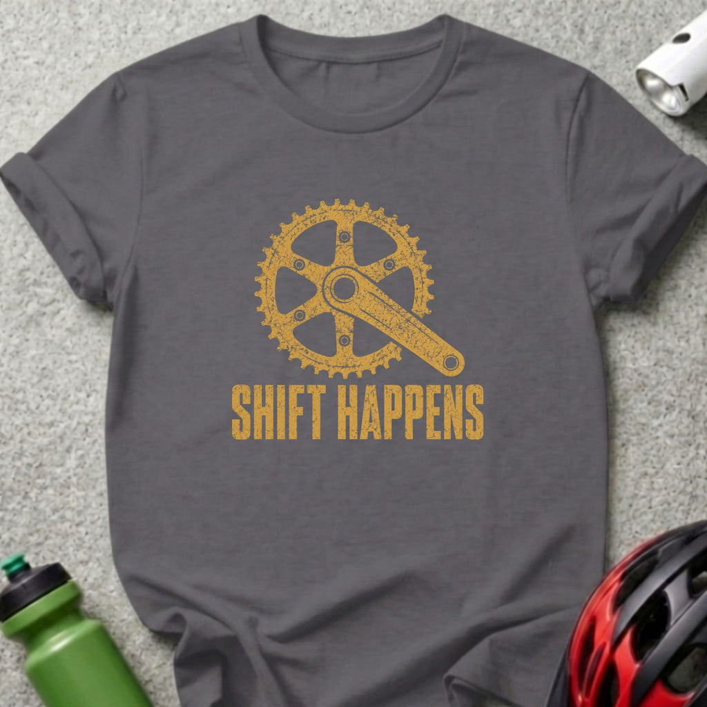 Grey t-shirt with yellow bicycle crankset graphic and "SHIFT HAPPENS" text.
