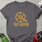 Grey t-shirt with yellow bicycle crankset graphic and "SHIFT HAPPENS" text.