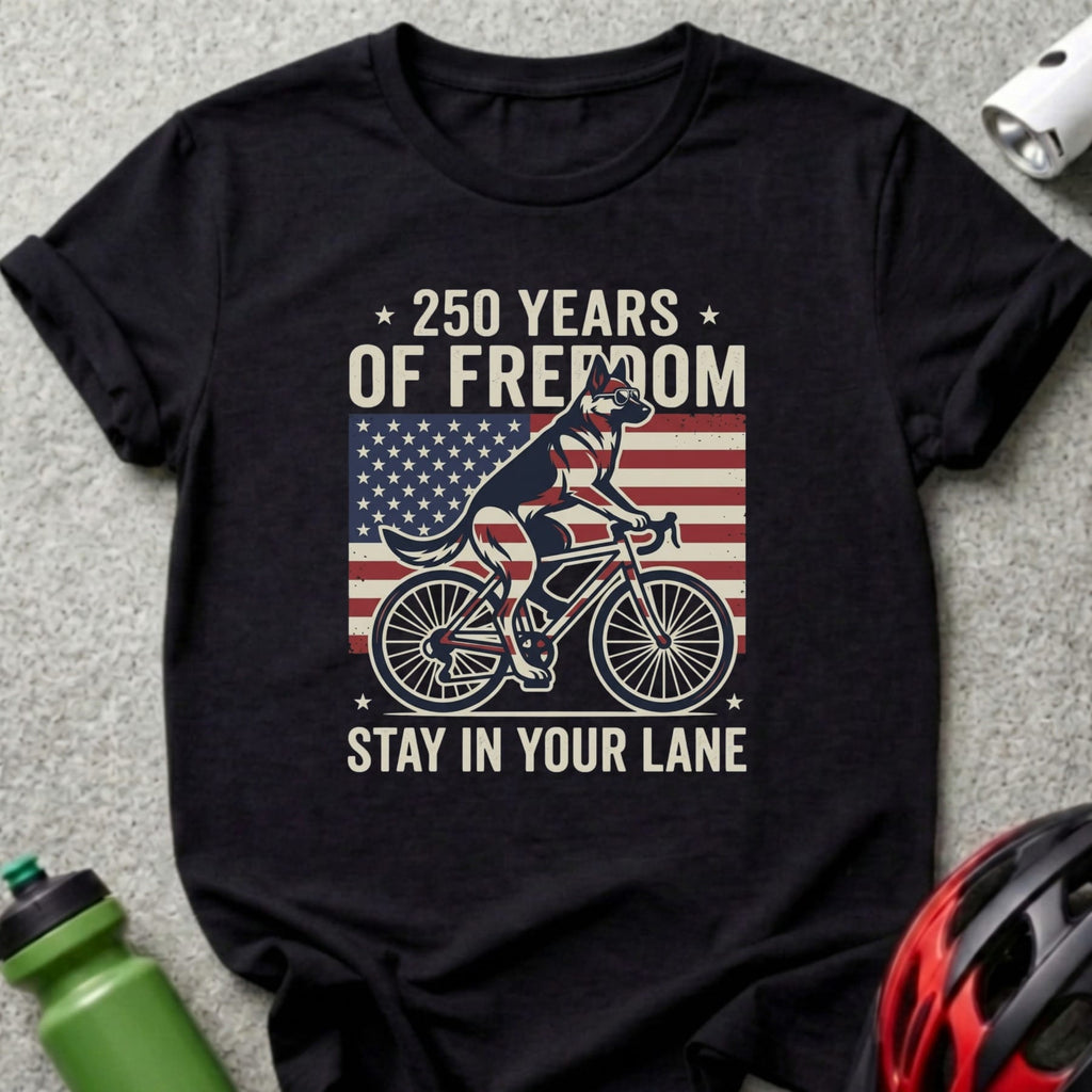 German Shepherd on a bicycle with American flag and "250 Years of Freedom" text.
