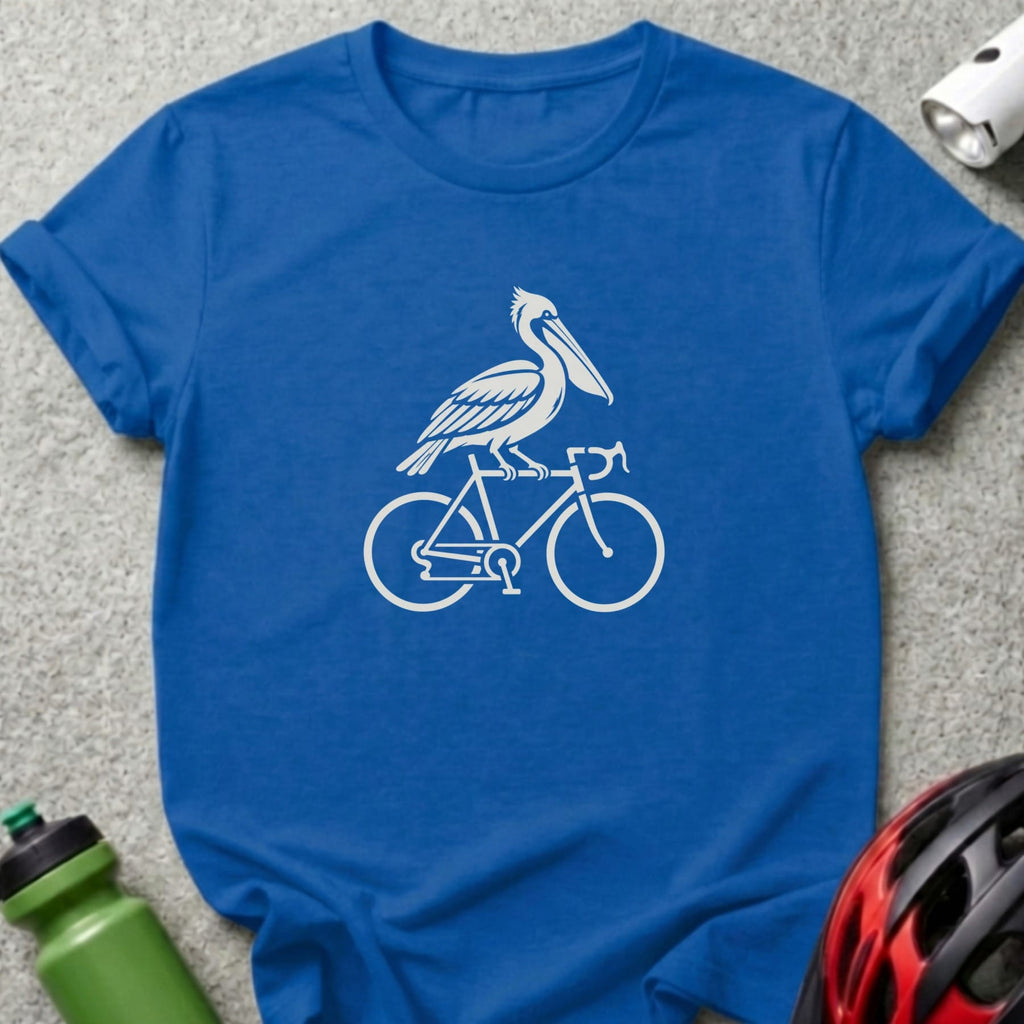 Blue crewneck t-shirt featuring a white graphic of a pelican riding a bicycle.