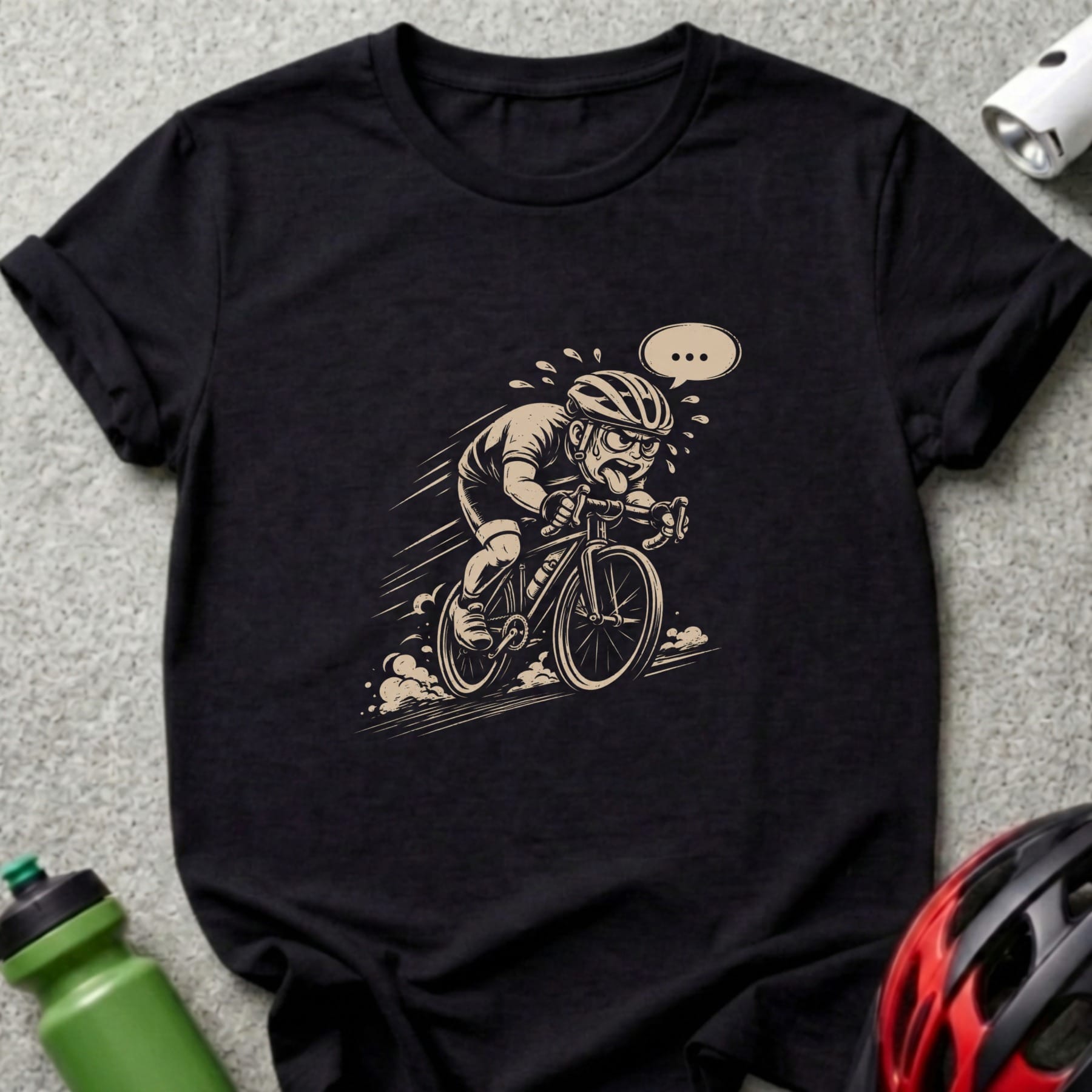 Illustration of a tired cyclist in a cartoon style on a black t-shirt.