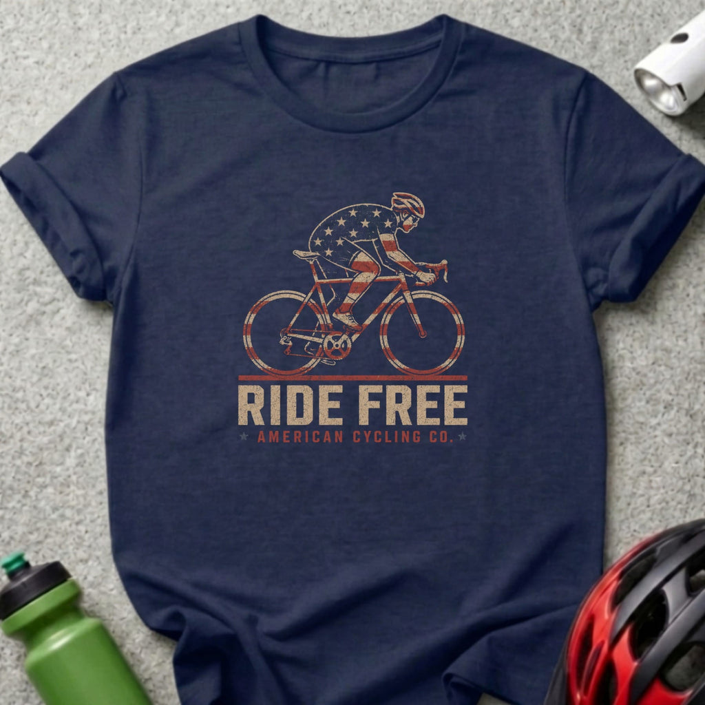 Cyclist in US flag pattern on navy shirt with text "RIDE FREE AMERICAN CYCLING CO."