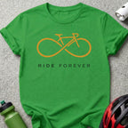 Green t-shirt with orange infinity bicycle graphic and "RIDE FOREVER" text.