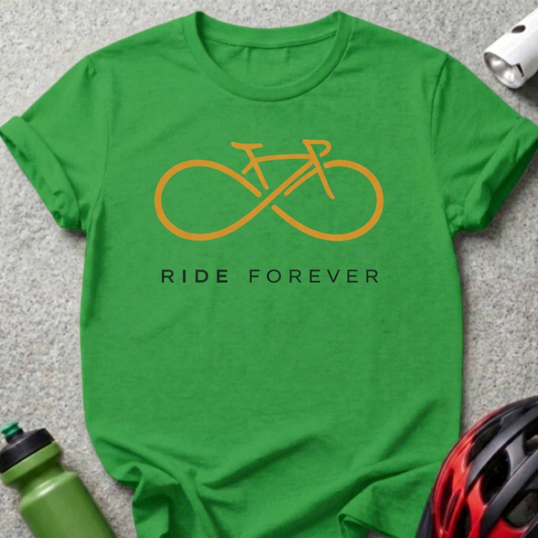 Green t-shirt with orange infinity bicycle graphic and "RIDE FOREVER" text.