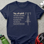 Navy t-shirt with text about riding a road bike uphill and a line drawing of a bicycle.