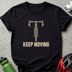 Black t-shirt featuring a front-facing graphic of a road bicycle and the text KEEP MOVING.