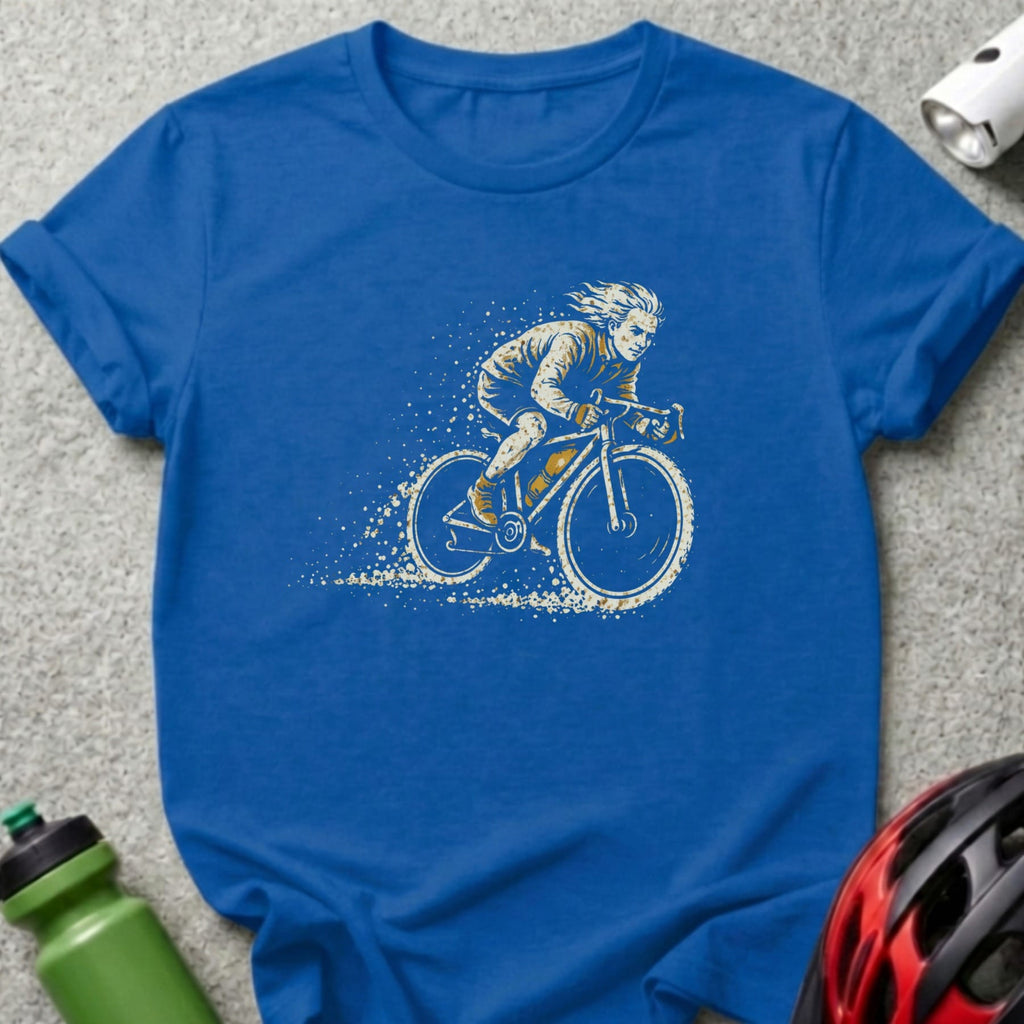 Blue t-shirt with a graphic of a cyclist in motion.