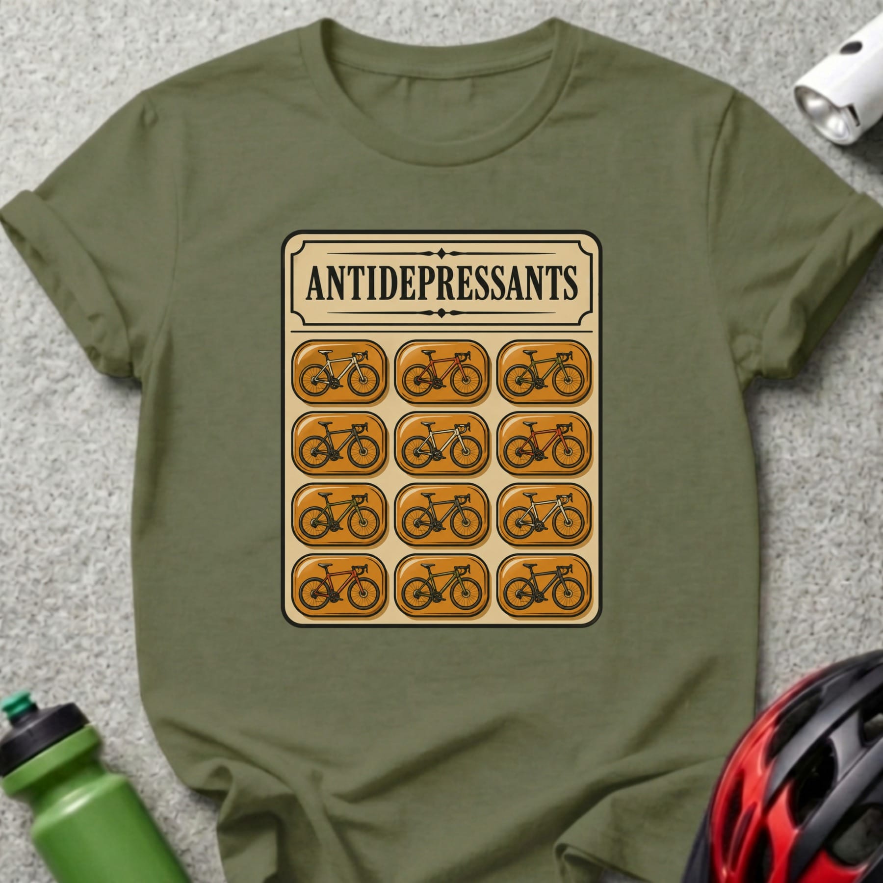 Olive green t-shirt with pills containing bicycle illustrations.