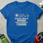 A blue t-shirt printed with the text Weekend Forecast: Riding with a Chance of Fishing and graphics of a sun, bicycle, and fishing rod.