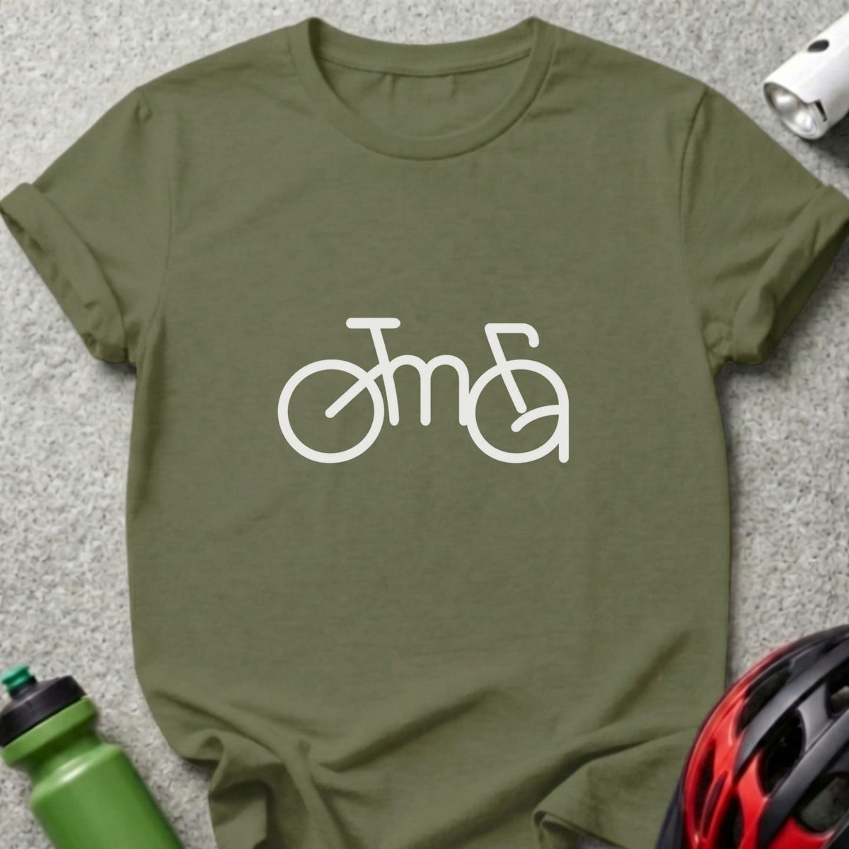 An olive green short-sleeve crewneck t-shirt featuring a stylized white bicycle graphic on the chest.