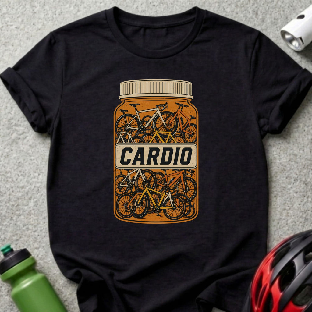 T-shirt with a pill bottle graphic filled with bicycles, labeled "CARDIO".