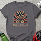 Graphic tee with "Cranky Since 1776" text and cyclist.