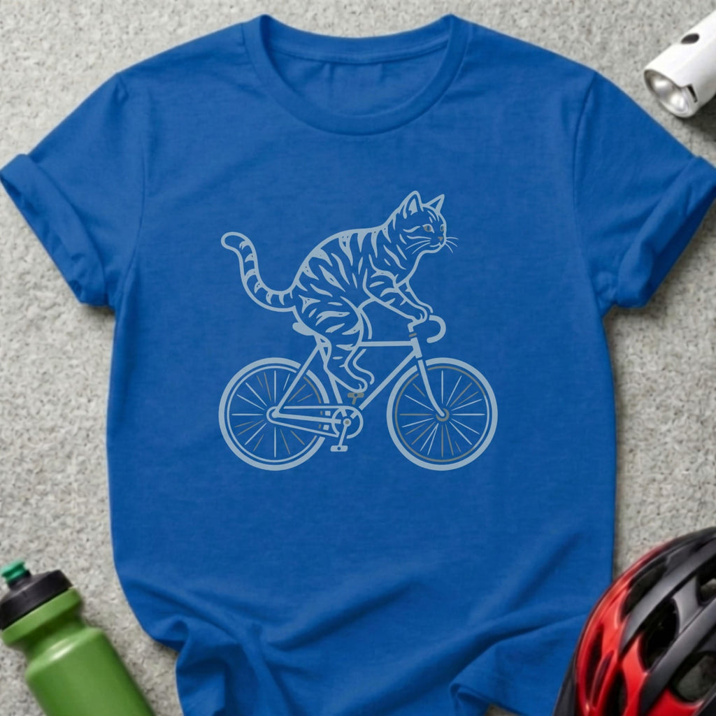 T-shirt with a grey outline of a cat riding a bicycle.
