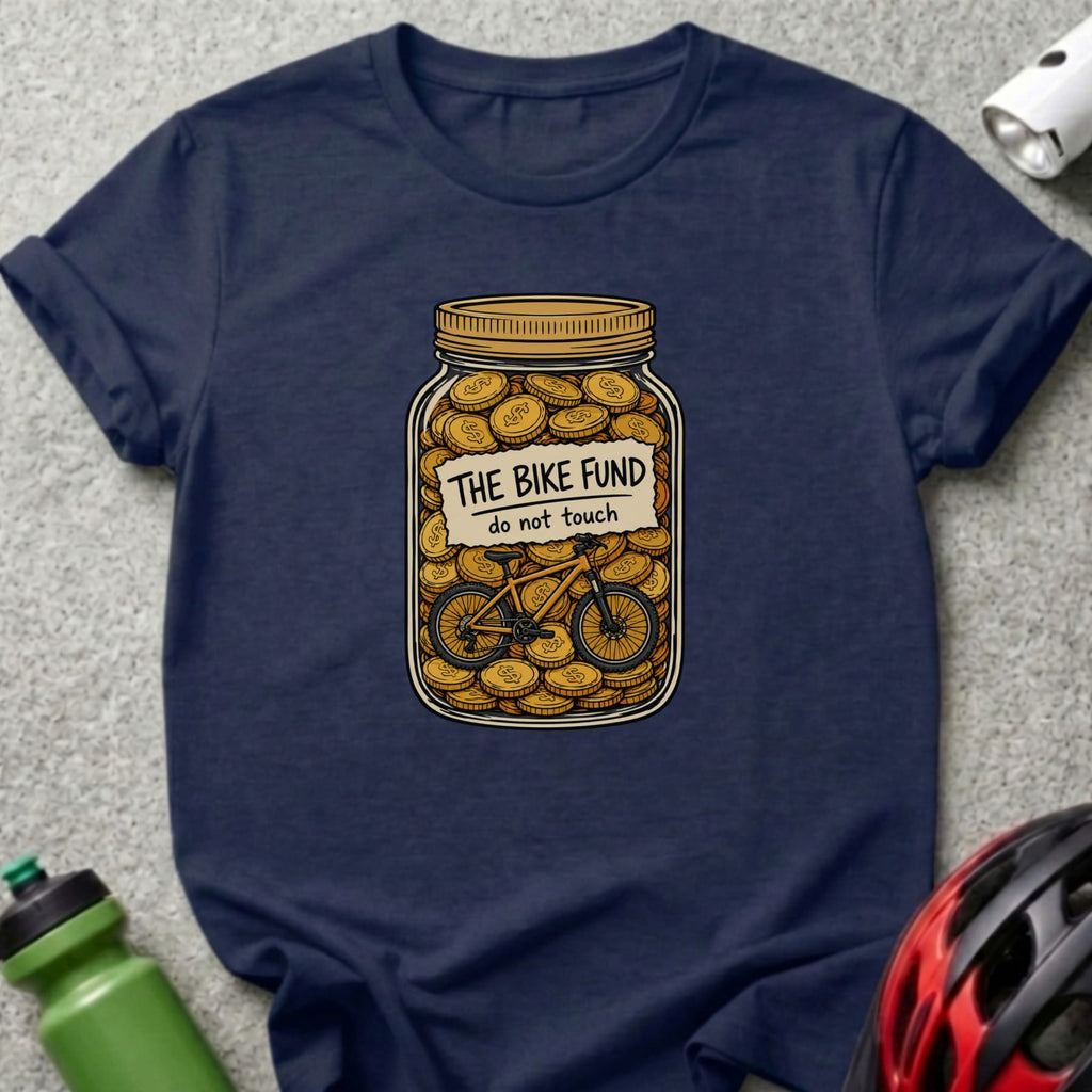 A jar filled with coins and a bicycle, labeled "THE BIKE FUND do not touch."
