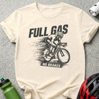T-shirt with "FULL GAS NO BRAKES" text and cyclist graphic.