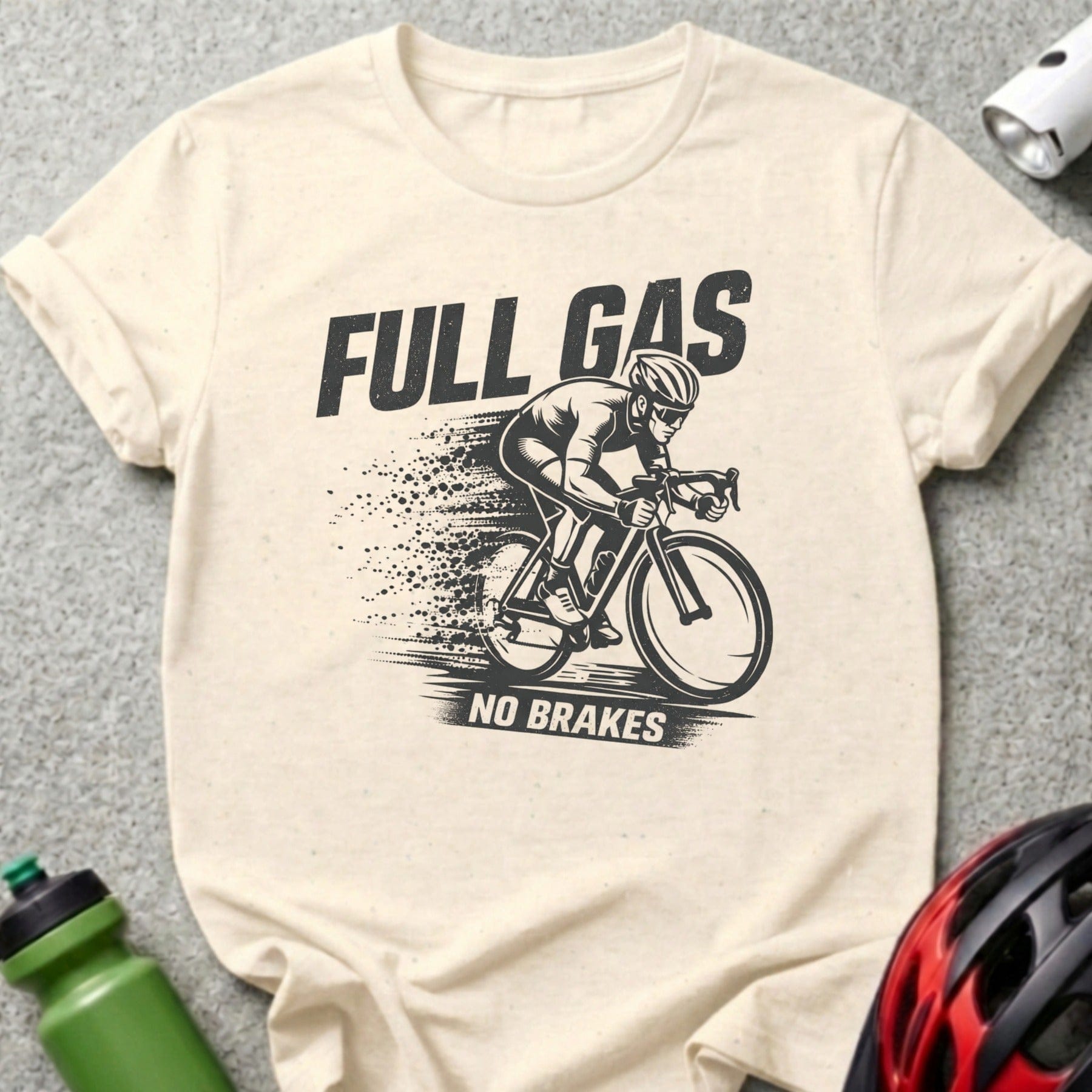 T-shirt with "FULL GAS NO BRAKES" text and cyclist graphic.
